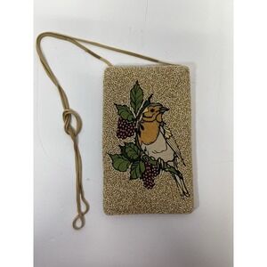 Beaded Shoulder Purse Bag Yellow Bird Purple Grapes And Leaves Made In India